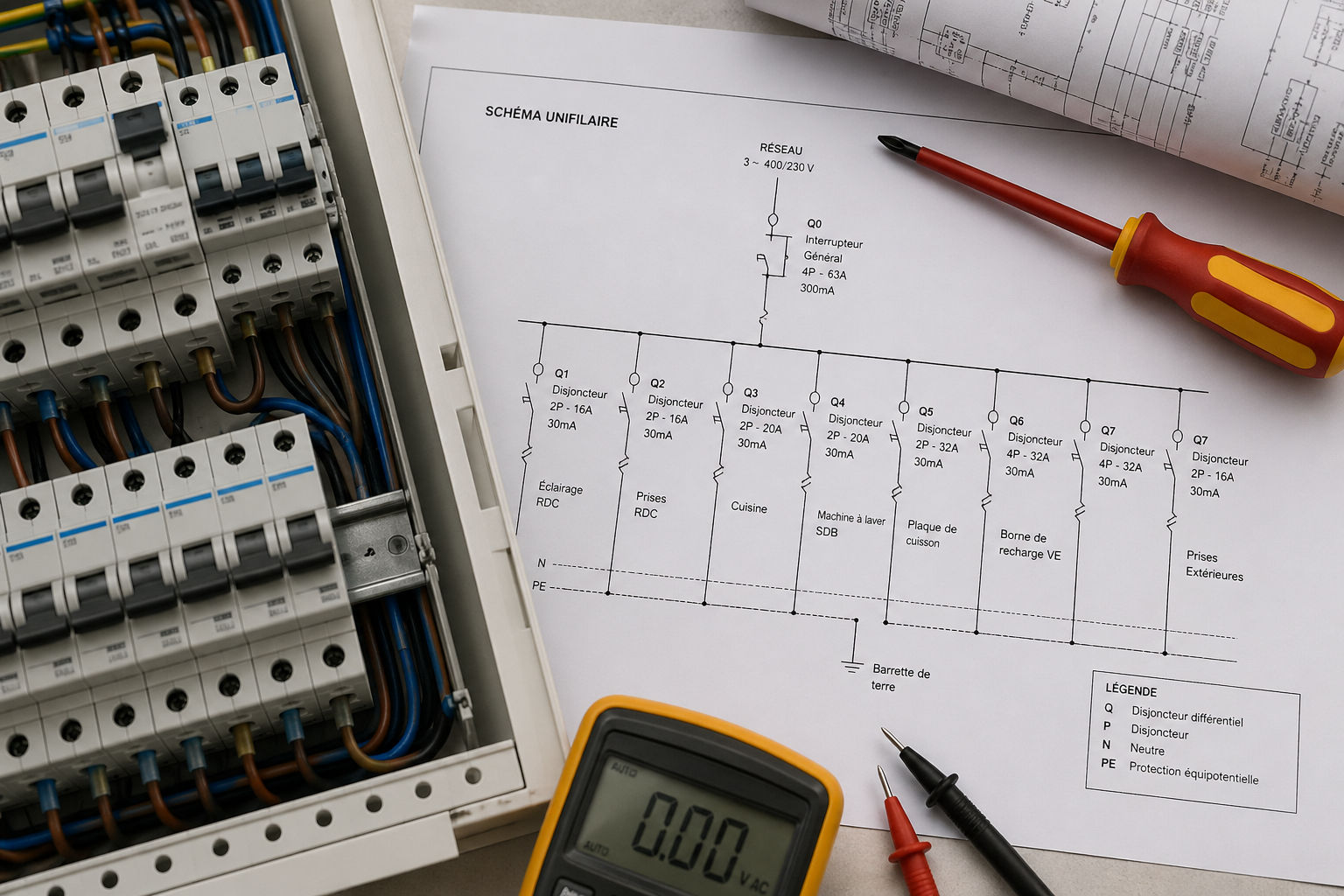 Plan électrique, casque de chantier et outil de mesure